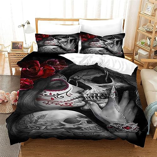 Totenkopf Bettwäsche 135x200cm Skull Und Rosen Gothic-Mädchen Kinder Bettbezug Set 3 Teilig Microfaser 3D Motiv Luxus Modern Bettdeckenbezug Mit Reißverschluss und 2 Kissenbezüge 80x80cm