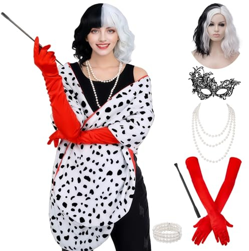 Miulruma Cruella Kostüm für Damen Deluxe Set Cruella Deville Schal Perücke Handschuhe Cruella Holder Perlenkette für Halloween Mottoparty Karneval Kostüm Accessoires für Frauen Mädchen A035