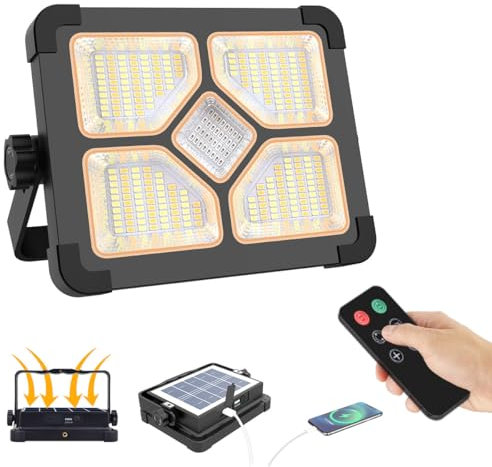 ERAY 150W LED Baustrahler Akku Solar Tragbare Mit Fernbedienung, 15000mAh LED Strahler Akku, LED Arbeitsleuchte 296 Perlen/5 Modi/USB-Wiederaufladbar, Campinglampe Tragbar für Camping Notfälle Keller