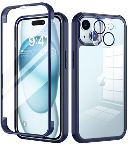 seacosmo for iPhone 15 Case 6.1 Inch, Full-Body Shockproof Case with Built-in Glass Screen Protector and Camera Lens Protector Rubber Bumper Phone Case Cover for iPhone 15 2023- Blue/Clear