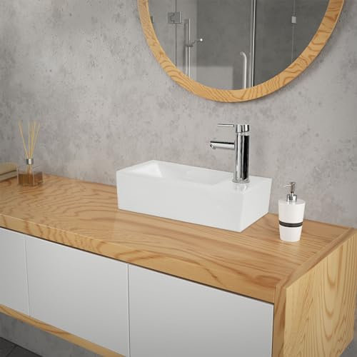 ML-Design Waschbecken aus Keramik in Weiß 46x26,5x11 cm, Eckig, klein, Hahnloch rechts, Wandmontage oder Aufsatzwaschbecken, Moderne Waschtisch Waschschale Waschplatz Handwaschbecken, für Badezimmer
