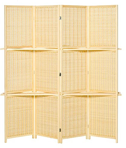 HOMCOM Paravent séparateur de pièce closion de séparation Pliable 4 Panneaux avec 2 étagères 180 x 180 cm Bambou et Bois de pin Coloris Naturel