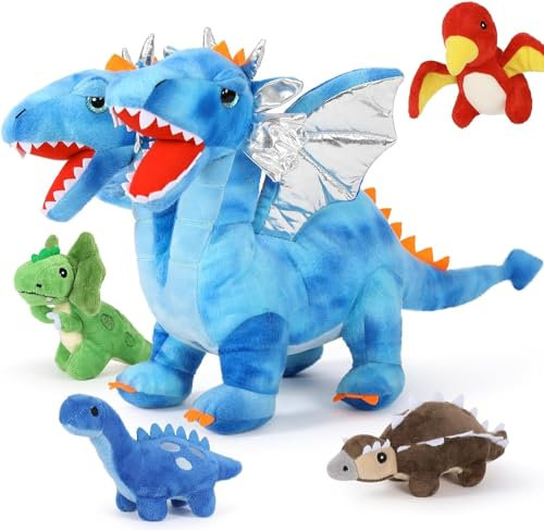 MorisMos 2-Köpfe riesen Drache Kuscheltier mit 4 kleinbaby im Bauch, 55cm hoch groß Plüschtier Drachen XXL stofftier,blau weich plüschdrachenteddy Weihnachten Geburtstag Geschenk Kinder Jungen