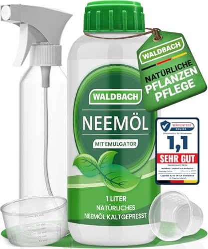 WALDBACH® Neemöl mit Emulgator [1000ml] - Natürliches Neemöl für Pflanzen mit Sprühflasche und Messbecher - 100 Liter sprühfertige Mischung - Effektive Pflanzenpflege für Garten- & Zimmerpflanzen