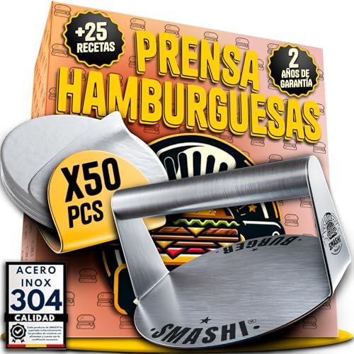 SMASHI® Smash Burgerpresse Edelstahl 304 + 50 Antihaftpapieren – Professionelle Burger Presse & Burger Smasher für Smash Burger – Smashed Burger Presse für Grill & Pfanne – Das Original