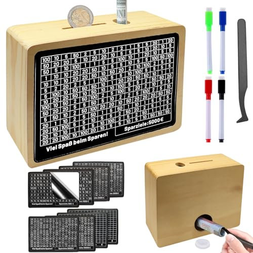 Spardose Holz, Sparbox mit Zahlen, Wiederverwendbare Spardose mit Sparziel,Euro Sparziel,Sparbüchse mit Zähler,Spardose €500 €1,000 €2,000 €3,000 €5,000 Euro,Braun Sparbüchse,Keine Montage