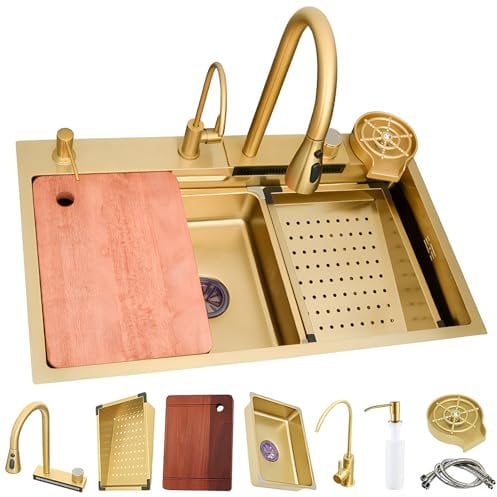 LIDDFAFA Gold Household Multifunctional Dishwashing Sink,Handmade Nano Sink,Kitchen Workstation Sink,Waterfall Sink,Single Bowl Sink,Ergonomic,with Multiple Accessories
