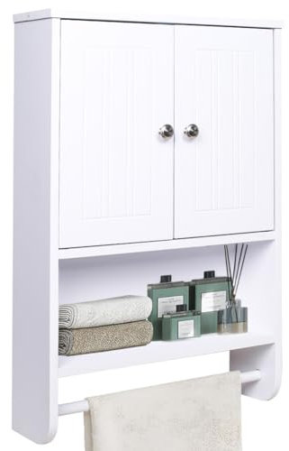 Shally Dogan Armadietto Bagno Sospeso in Legno Bianco Salvaspazio, Pensile da Parete Multiuso Cucina con Asta Porta Asciugamani, Mobiletto a Muro con 2 Ante e Portasciugamani 48.5 x 14.5 x 73 cm
