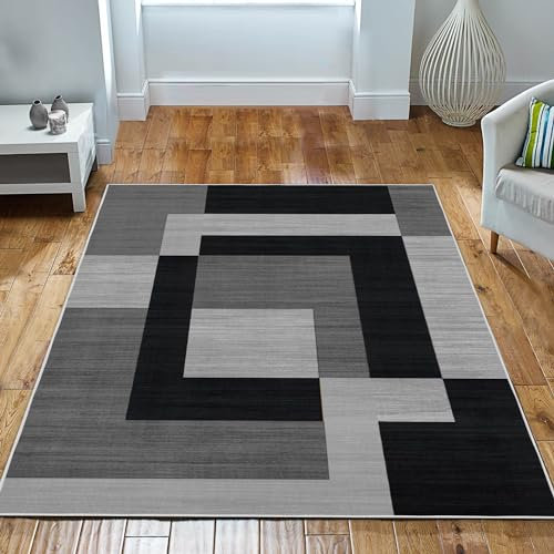 Imperial Rooms Rugs for Bedroom - Printed Area Rugs Living Room 80x150 Cm - Geometric Style Modern Floor Carpet Super Soft Milo Black and Grey Extra Large Rug Easy to Clean