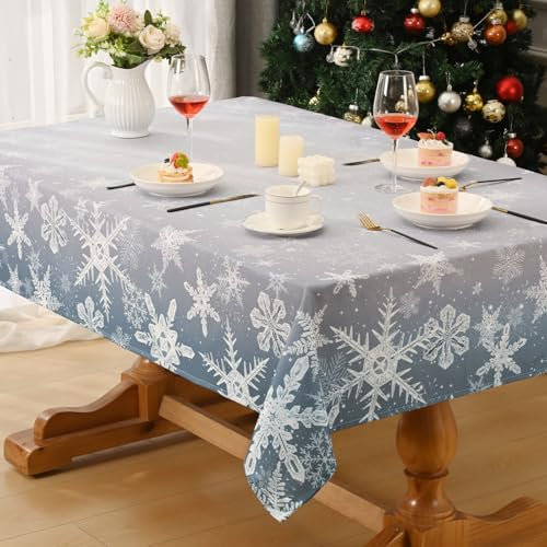 Alishomtll Weihnachten Grau Tischdecke, Schneeflocke Gradient Rechteckige Tischdecken, Wasserabweisend Abwaschbar Tischtuch, Winter Party Festliche Deko Tischwäsche 140x240 cm