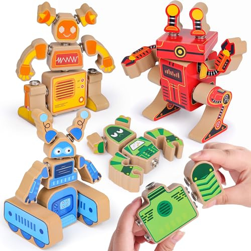 Coogam hölzerner Roboter-Baustein-Satz, Snap zusammen Roboter-Builde | STEM nehmen auseinander Roboter-Spielset, Feinmotorik Geschicklichkeit pädagogisches Lernspielzeug Geschenk für 3 4 5 Jahren