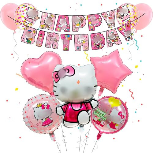 Luftballons Ki-tty Geburtstag Deko Mädchen- Kit Ty Balloon Geburtstagsdeko Kitty Folienballons Happy Birthday Banner kity Kindergeburtstag Deko Girlande für Cat Thema Party Supplies Deko
