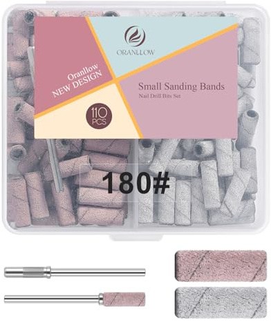 Oranllow 110pcs Small Sanding Bands Nail Drill Bits for Nail Drill | 180 Fine Grit Nail File Sand, 3.1mm Mini Mandrel Nail Bit, For Acrylic Nails Gel Manicures and Pedicures, Salon, Zebra+Pink