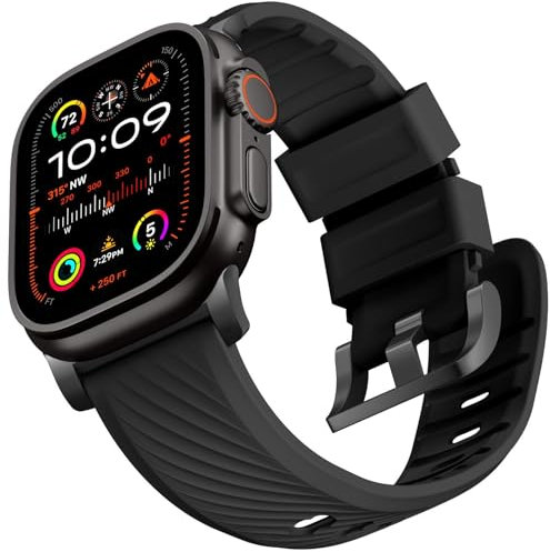 Bandletic Kompatibel mit Apple Watch Armband - Ultra 2/Ultra/Series SE/10/9/8 FKM Sportbänder 49mm/46mm/45mm/44mm/42mm(3/2/1) für iWatch Series 7/6/5/4 Weiches Armband mit Metallverbindern Schwarz