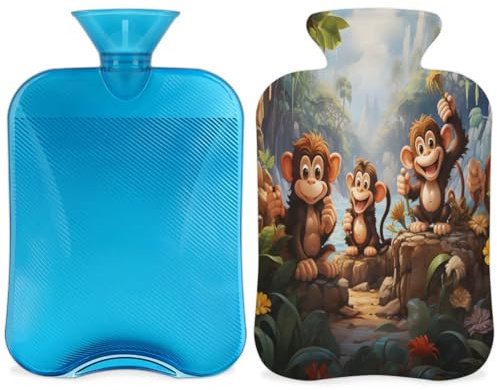 Cute Monkey Hot Water Bottle with Cover, Forest Monkey 2L Hot Water Bag for Pain Relief, Neck and Shoulder, Hand Feet Warmer