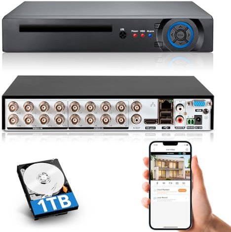 16 Channel CCTV Camera System Surveillance Video Recorder with 1TB Hard Drive,16CH DVR Supports 5MP/4MP/1080P AHD/TVI/CVI/XVI/CVBS/IP Cameras, 24/7 Surveillance Recording,Human Detection,Remote Access