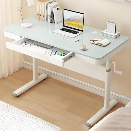 Höhenverstellbarer Stehpult aus Glas mit versteckter Tastaturablage – anhebbarer Computertisch für Home Office, Tisch Study