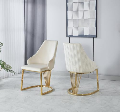 Modernique Velvet Upholstered Dining Chairs with Gold Metal Legs, Set of 2, Black Grey and Cream (Cream)