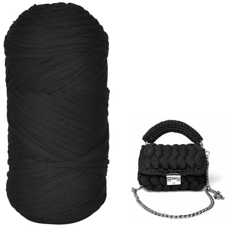 Fettuccia per Borse a Uncinetto 400g/100m,Cordino per Borse Uncinetto, Filato di Maglietta,Filo Uncinetto Grosso,per Borse, Cestini, Tappeti, Fai da Te, Decorazioni, Artigianato (Nero)