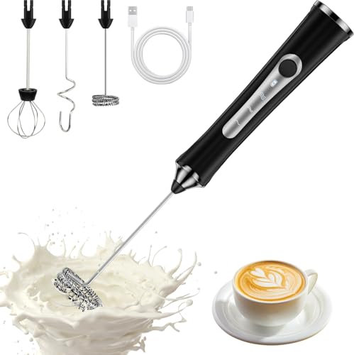 NEUTYPECHIC Montalatte Elettrico Cappuccino con 3 Frullino in Acciaio Inox, 3 Velocità Frullino Montalatte Portatile Manuale, Schiuma Latte Ricaricabile USB per Caffè, Latte, Cappuccino (nero)