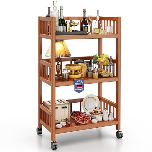 Kiseely Servierwagen mit 3 Ebenen, Küchenregal aus Holz auf Rollen, Aufbewahrungswagen, Aufbewahrungsregal für Küche, Badezimmer, Schlafzimmer, vintagebraun (QG1)