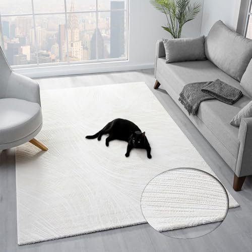 VIMODA Teppich Wohnzimmer Teppich Schlafzimmer, Flur, küche Kurzflor Boho Design Unifarbe Hoch-Tief-Effekt Modern 3D Weich,Farbe:Creme;Maße:120x170 cm