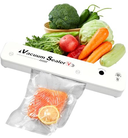 60kpa Vacuum Sealer Machine with 10 Vaccum Bags, Heat Sealer, Food Vacuum Sealer Machine with Built-In Cutter, Vacuum Pack Machine for Dry & Moist Food Preservation (white)