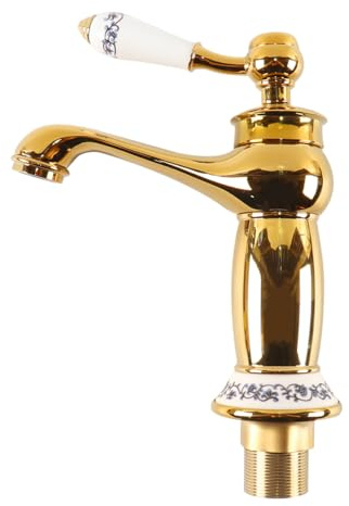 Sarini Grifo Mezclador De Lavabo Retro, Grifo Victoriano De Lujo Con Manija De Cerámica Vintage Para Lavabo, Dorado Floral, Grifo Monomando