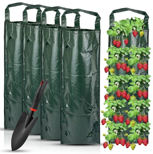 WZYTEU 4 Stück Erdbeer Pflanzsack, Pflanztaschen für Draußen mit Schaufel, Hängend Erdbeeren Pflanztaschen mit 8 Löchern für Erdbeeren, Tomaten, Gemüsepflanzen