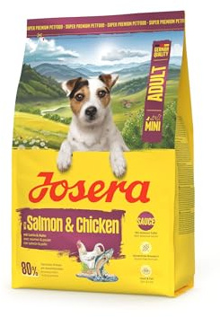 JOSERA Mini Lachs & Huhn | 5X 900 g | Trockenfutter für kleine Hunde | Premiumfutter für erwachsene Hunde kleiner Rassen mit kleine Kroketten | mit leckerem Soßenpulver auch nass zu verfüttern