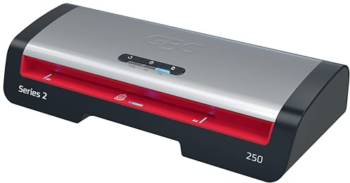 GBC 250 Office A4 Laminator – Rapid 1-Minute Warm-Up, 75-125 Micron, Entry Guide LEDs, Anti-Jam, Auto Shut-Off, Includes 5X A4 Laminating Pouches, Black/Red, 4410070UK