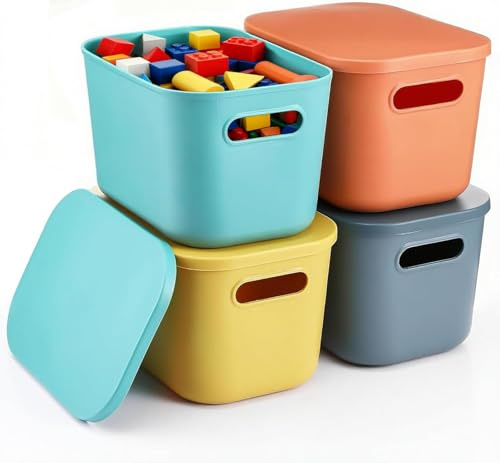 Yekolau 4 Pack Colorful Storage Bins for Shelves, Plastic Storage Containers with Lids for Organizing, Stackable Storage Boxes with Handle, Small Organizer Bins for Classroom, Craft, Snacks, Cabinet