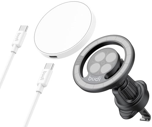 Budi 15W Wireless Charger + Car Holder with 1.2m Cable, Compact Lightweight Travel Design with Safety Protection for Mobile Phone Charging