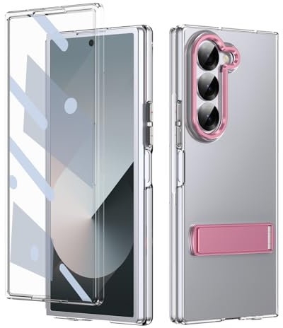 Coque étui pour Samsung Galaxy Z Fold 6, [Face en Verre] [Support en métal] [Chargement sans Fil], Coque Fine Transparente Antichoc pour Samsung Galaxy Z Fold 6-Rose