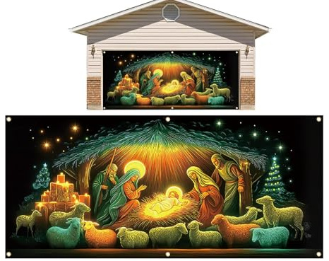 Mimoqk - Funda para puerta para Navidad | Cubierta de puerta de entrada religiosa Gran escenario de Jesús, cartel porche banner fondo soporte - para interior al aire libre casa fiesta invierno