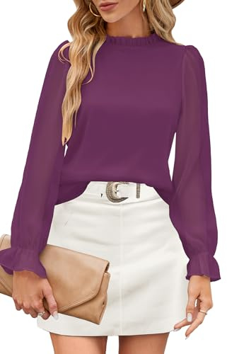 Odosalii Damen Bluse Rüschen Stehkragen Oberteile Elegant Langarm Shirt | damen bluse mit volants,bluse damen elegant,spitzen oberteile damen,chiffon bluse damen,weihnachtsfeier outfit damen