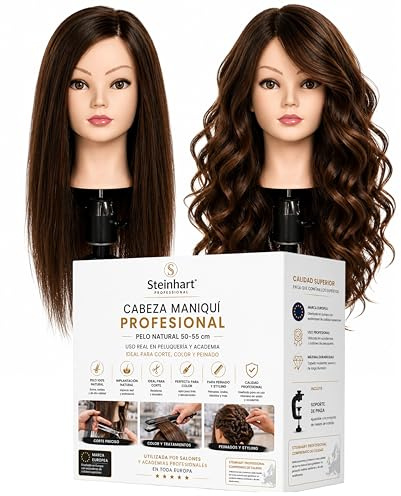 Cabeza Maniquí Peluquería Pelo Natural 100% Mujer 50-55 cm con Soporte | Cabeza de Peluquería Profesional para Corte, Color, Trenzas y Peinados | Busto Peluquería Cabello Natural