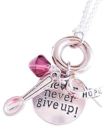 Handmade Fibromyalgia/Crohns Purple Awareness Never Give Up Silver Necklace with Hope Spoon Amethyst Bead