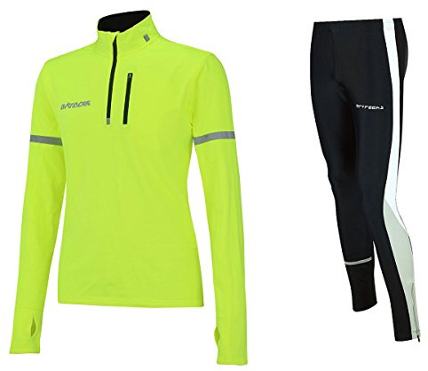 Airtracks Herren Winter Laufset Thermo Laufhose Lang Laufshirt Langarm Sweatshirt Pro Fleece Funktionsshirt Sport Langarmshirt Jogginghose Leggins - schwarz-neon - L