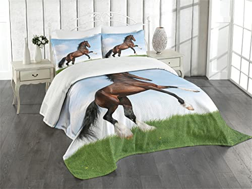 ABAKUHAUS Natur Tagesdecke Set, Pferd Pacing auf Gras, Set mit Kissenbezügen Waschbar, für Einselbetten 170 x 220 cm, Grün Braun