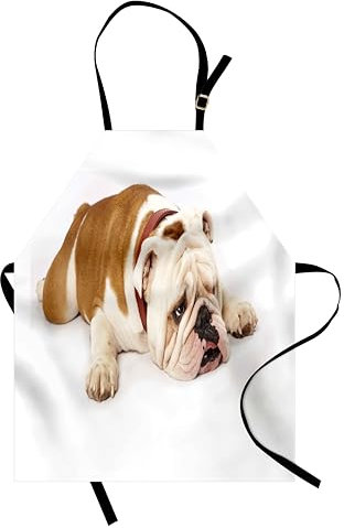 ABAKUHAUS Englische Bulldogge Kochschürze, Traurige und müde Bulldogge, die europäische Reine Zucht-Tierfotografie niederlegt, Farbfest Höhenverstellbar Waschbar Klarer Digitaldruck, Braun Creme