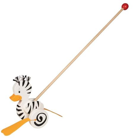 goki 54959 Schiebetier Zebra-Ente, 16 x 12 x 59 cm, Holz, Lauflernspielzeug mit watschelnden Gummifüßen, ab 1 Jahr