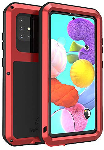 LOVE MEI Samsung Galaxy A51 Coque, Aluminium Métal + Verre trempé étanche Antichoc Militaire Heavy Duty Robuste Couverture Housse Coque, pour Samsung Galaxy A51 (A51, Rouge)