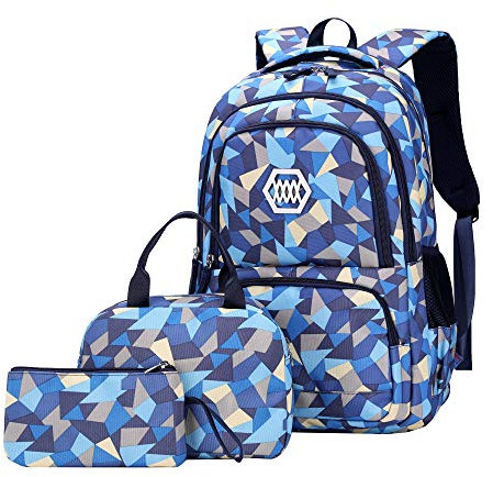 SellerFun Girl Geometric Printed Primary Junior High University School Bag Bookbag 3pcs Backpack Sets(2# Blue-3pcs,35L)