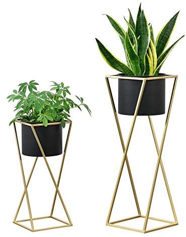 [en.casa] Pflanzständer im 2er Set Blumenständer aus Metall Blumentopf Ständer mit Übertopf Blumentopfhalter 2-TLG. Pflanztopf Deko Goldfarben-Schwarz Viereckig