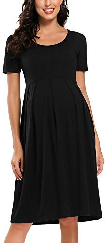 Love2Mi Women's Short Sleeve Maternity Dress A-Line Midi Casual Pregnant Dress Black