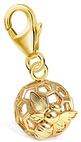 Goldene Hufeisen Honigwabe mit Biene Karabiner Charm Anhänger für Bettelarmband aus 925 Sterling-Silber Vergoldet