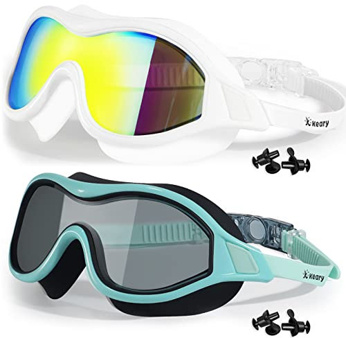 Keary Lot de 2 lunettes de natation anti-buée pour adultes, hommes, femmes, jeunes, protection UV, miroir sans fuite, grand cadre, lunettes de natation transparentes pour piscine, masque de natation,