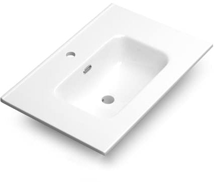 Lavabo Cerámico Baño Blanco | Pila Lavamanos Rectangular | Lavabo Integral 1 Seno Centrado 71.5 cm Ancho X 46.5cm Fondo | Rebosadero y Agujero de Grifo (70cm 1 Seno)