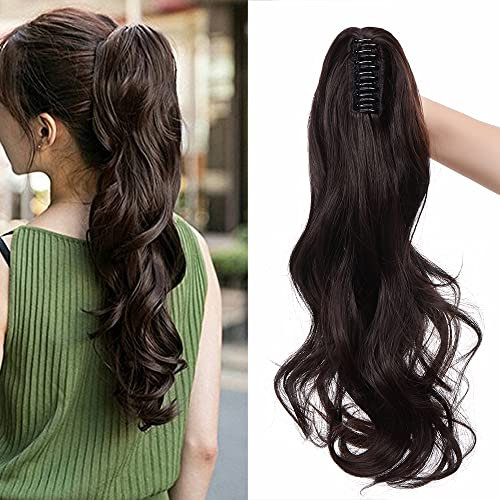 SEGO 45cm Pferdeschwanz Haarverlängerung Ponytail Haarteil Zopf Clip in Extensions Voluminös Claw on Synthetik Haare Gewellt Dunkelbraun